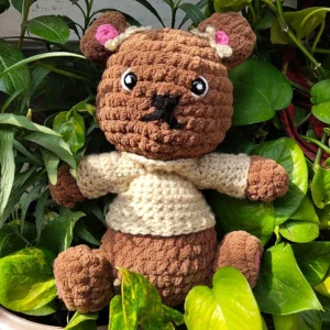 CROCHET TEDDY PLUSHIE WITH RIBBONS AND SWEATER