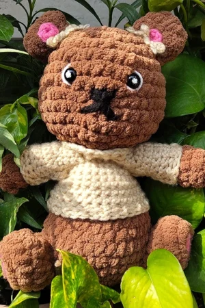 CROCHET TEDDY PLUSHIE WITH RIBBONS AND SWEATER